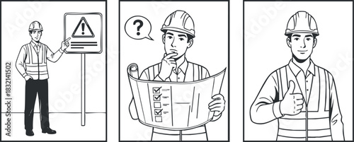 A construction worker interacting with a safety sign, pondering over a checklist, and giving a thumbs up in black and white outline vector style, suitable for safety training materials