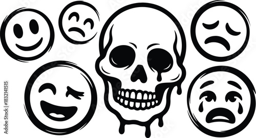 Spray-painted graffiti faces with smiles, crosses & grunge skull — urban street art emotion symbols in funky edgy style.