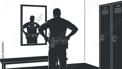A police officer looking at his reflection in a mirror in black and white minimalist vector style, ideal for law enforcement themes