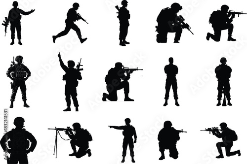 Silhouette collection of soldiers in various poses on white background