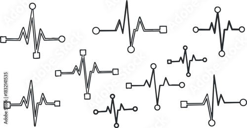 A collection of heartbeat and pulse line illustrations in black outline vector style, suitable for medical and health-related designs