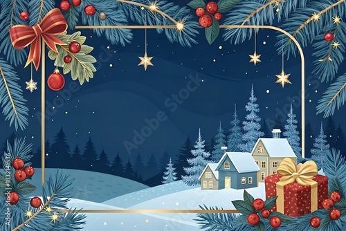 Enchanting snowy village scene with christmas decorations and festive lights
