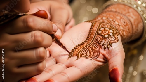 Exquisite henna art being applied for a traditional Indian wedding celebration creating intricate designs and patterns on the bride's hand