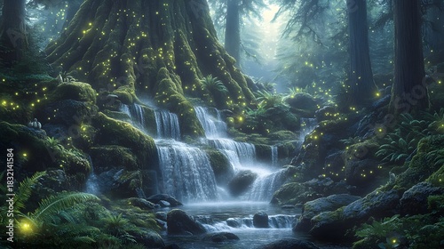 Enchanting waterfall in a lush mossy forest