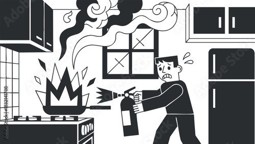 A man using a fire extinguisher to put out a kitchen fire in black and white vector style, highlighting emergency safety measures