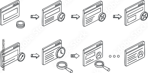 A set of web browser navigation icons depicting a user interface process in minimalist outline vector style, suitable for web design and app development