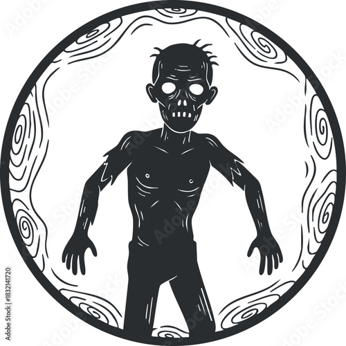 A zombie character with a skeletal appearance in a dark outline vector style, perfect for Halloween-themed designs