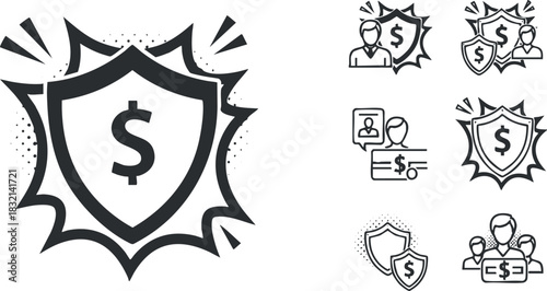 A dollar sign inside a shield with explosion effects and a collection of related finance icons in minimalist vector style, suitable for financial services branding