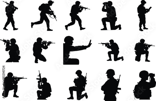 Silhouette collection of soldiers in various combat poses and actions