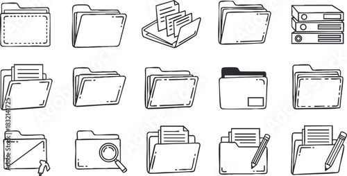 A collection of file folders, documents, and office supplies in minimalist black and white vector style, ideal for organizational and administrative designs