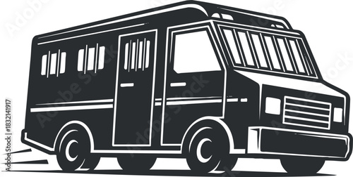 A vintage-style bus illustration in black and white minimalist vector design, suitable for transportation-themed projects