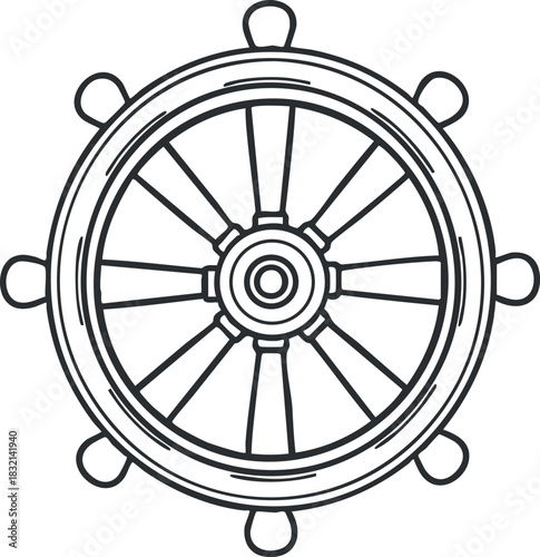 A nautical ship wheel in a clean linear outline vector style, ideal for marine-themed designs and illustrations