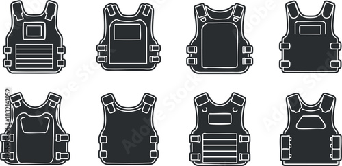 A collection of various tactical body armor vests in flat black and white vector style, suitable for safety and security design projects