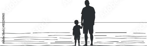A silhouette of a father holding hands with his son standing on the beach in minimalist vector style, perfect for family-themed designs