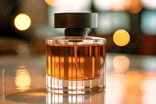 Luxury Amber Perfume Bottle with Soft Bokeh Lights in Background