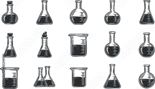 A collection of various laboratory glassware including flasks, beakers, and test tubes in black and white outline vector style, suitable for educational materials and science-related projects