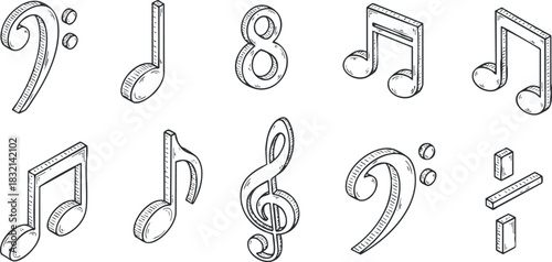 A collection of various musical notes and symbols in hand-drawn outline vector style, suitable for music-related projects