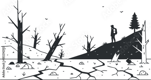 A silhouette of a hiker standing on a barren landscape with dead trees and cracked ground in black and white vector style, suitable for environmental awareness projects