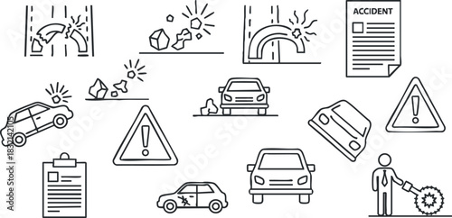 A collection of automotive accident icons including warning signs, cars, and a report document in minimalist outline vector style, ideal for safety and insurance projects.