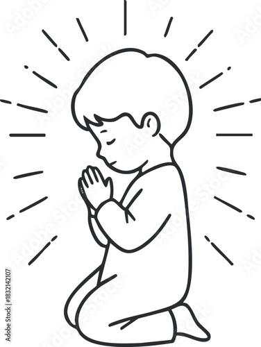 A child in a praying position with hands clasped in outline vector style, representing innocence and spirituality