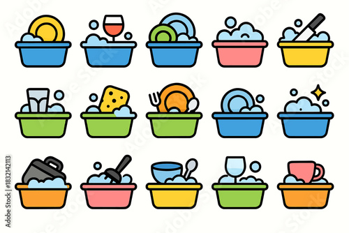 Colorful dishes and utensils in bubbles with simple illustrations