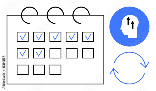 Productivity concept. Productivity symbols showing task calendar, workflow updates, and focus ation. Productivity for efficient planning, organization, time management, business goals, and personal