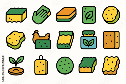 Colorful sponge and cleaning icons featuring eco-friendly designs