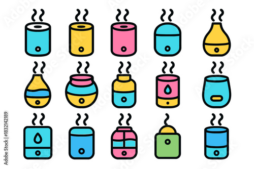 Colorful aromatherapy diffusers in various shapes with steam