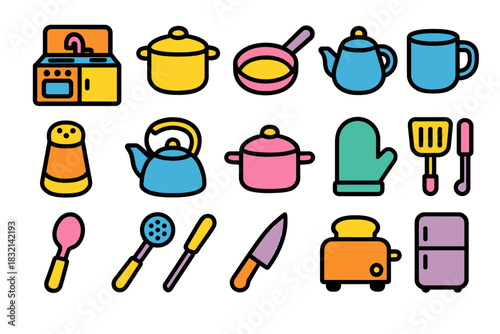 Colorful cartoon kitchen utensils set with appliances and cookware