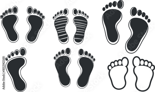 A collection of various foot and footprint designs in black and white flat vector style, suitable for health and fitness projects
