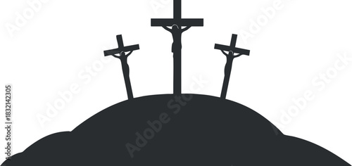 A silhouette of three crosses on a hill in minimalist vector style, ideal for religious and spiritual themes