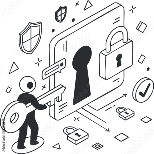 A person holding a large key unlocking a keyhole on a digital screen in isometric vector style, ideal for cybersecurity and technology themes
