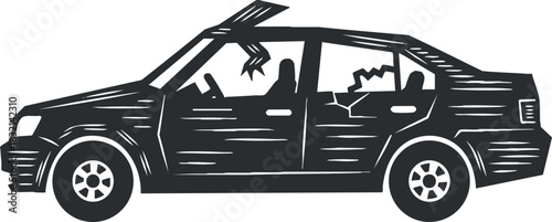 A damaged car with broken windows and a scratched body in black and white outline vector style, suitable for automotive and repair graphics