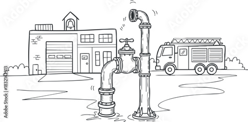 A water pipe with a fire hydrant and firetruck in black and white outline vector style, suitable for urban infrastructure illustrations