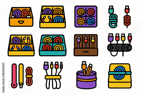 Colorful cable organizers with various types of cords and connectors