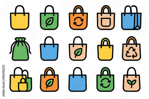 Collection of eco-friendly reusable shopping bags with leaf and recycle icons