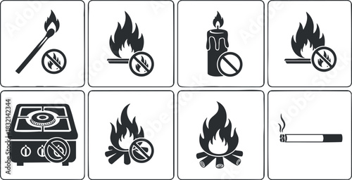 A set of fire safety icons featuring matches, flames, candles, a gas stove, and prohibition signs in black and white vector style, ideal for safety guidelines and educational materials
