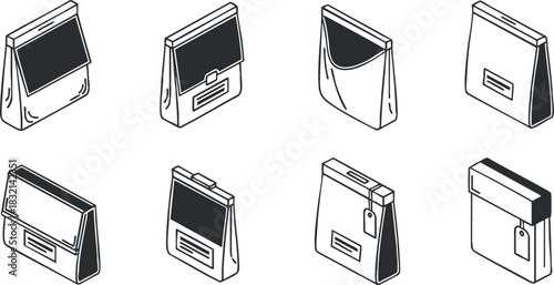 A collection of various handbag designs in minimalist black outline vector style, suitable for fashion branding and design projects