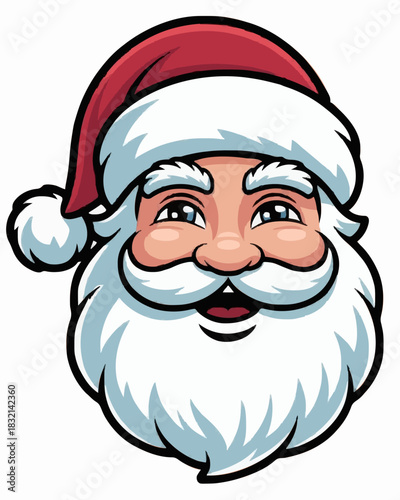 Cool stylized Santa Claus face with fluffy white beard, rounded mustache, soft smiling expression, warm gentle eyes, fluffy white eyebrows, classic red Christmas hat with soft white trim, pom-pom deta