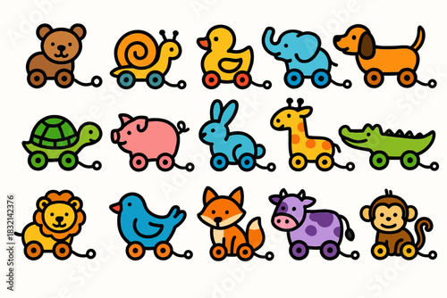 Colorful cartoon animal toys on wheels for kids' playtime fun