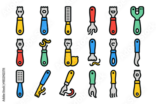 Colorful kitchen tools set with various utensils in vibrant designs