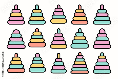 Colorful geometric stackings: multicolored nested ring designs in pastel shades