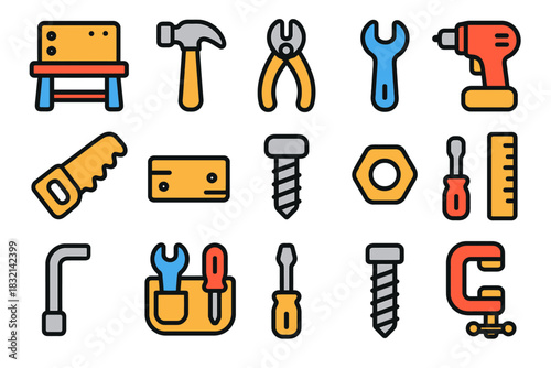 Colorful set of hand tools including hammer, drill, and wrench in flat design