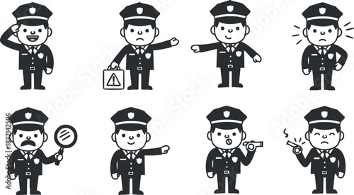 A set of cartoon police officer characters displaying various emotions and gestures in black and white vector style, ideal for law enforcement themes