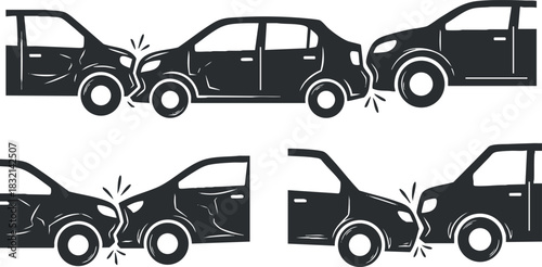 A set of car collision illustrations in black and white vector style, suitable for road safety campaigns and insurance materials