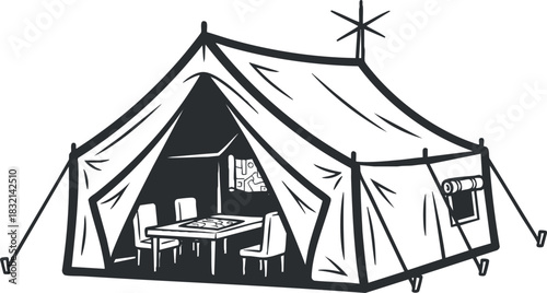 A camping tent setup with a table and chairs in black and white minimalist vector style, ideal for outdoor adventure themes