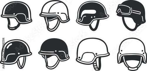 A collection of eight various helmet designs in black and white vector style, ideal for sports and safety equipment branding