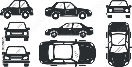 A set of various car icons in black and white outline vector style, suitable for automotive industry graphics and design