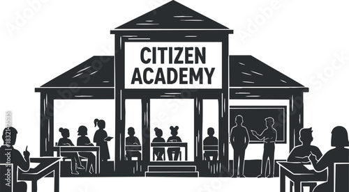 A Citizen Academy building with students and teachers in flat black and white vector style, ideal for educational themes and community projects