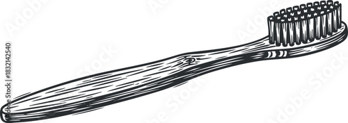 A wooden toothbrush with bristles in black and white sketch style, perfect for dental hygiene illustrations